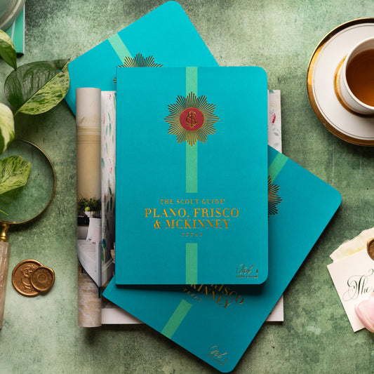 The Scout Guide Plano, Frisco, & McKinney Volume 1, dark teal cover with light green stripe, gold foil title and TSG Medallion logo