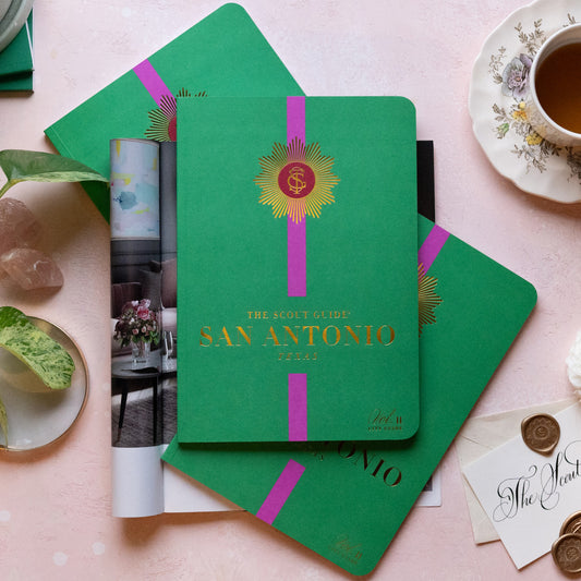 The Scout Guide San Antonio Volume 11, green cover with pink stripe, gold foil title and TSG Medallion logo