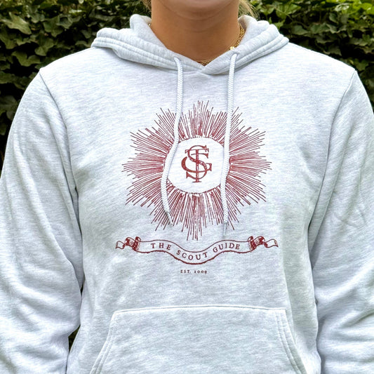 The Scout Guide hoodie in gray, front