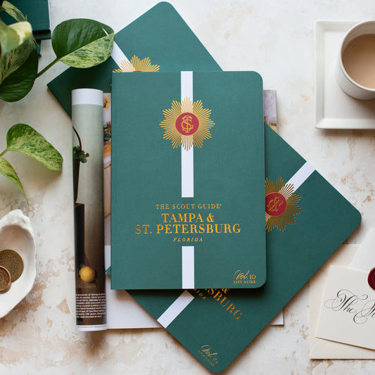 The Scout Guide Tampa & St. Petersburg, Volume 10, dark green cover with white stripe, gold foil TSG Medallion